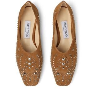 Jimmy Choo Joselyn tan brown suede leather flats silver crystal stud detail 37